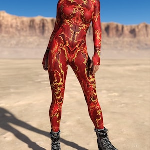 サイケデリックレイブコスチューム：レッド＆ゴールドプリントストレッチフェスティバル衣装