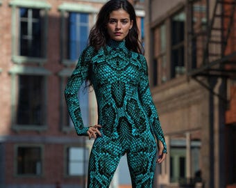 Body con stampa serpente: costume da animale blu, tuta da festival