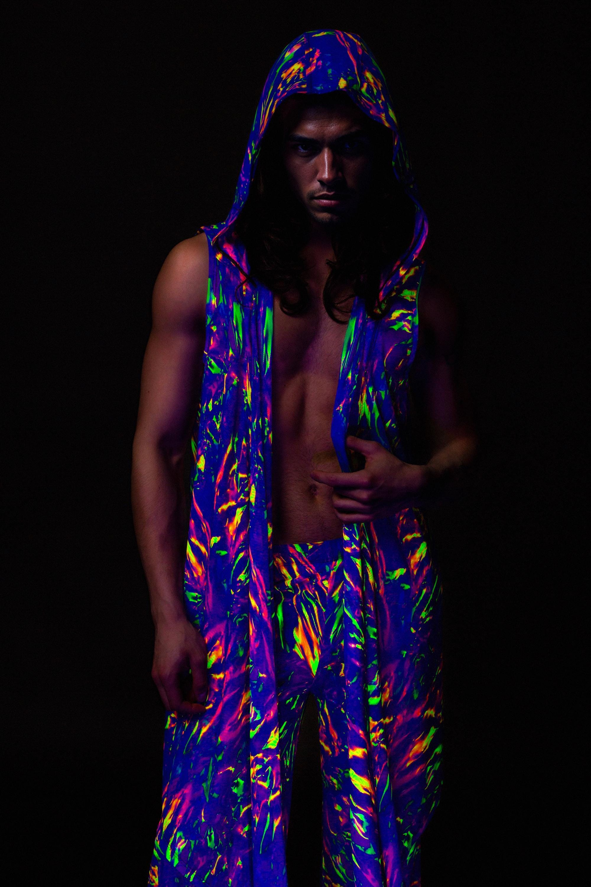 Male UV Psychedelic Rave Set, Festival Mesh Hooded Vest and Split Pants ...