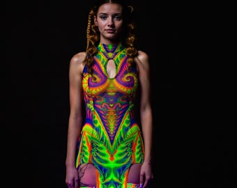 Mesh Keyhole Leg Wraps Set, Trippy Rave Set, UV Festival Clothing, UV Festival Outfit For Women, Festival Fashion, UV Festival Sexy Set