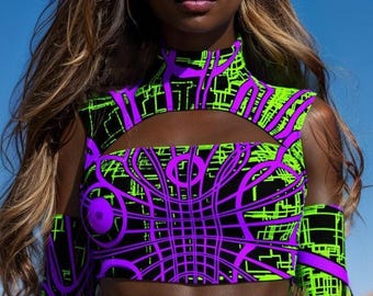 Wycięty top Rave Crop Top: usztywniany top na imprezę Disco, strój Burning Man