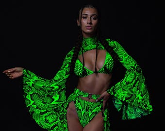 UV Green Snake Print Skirt: Festival Rave Outfit