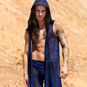 Psychedelic Vest for Men, Sexy Festival Style, Psychedelic Rave Wear, Men’s Mesh Hooded Vest, Festival Male Outfit, Burning Man Clothing
