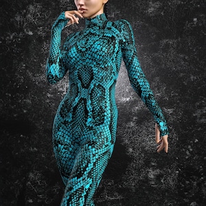 Blauer Schlangenhaut Bodysuit - Halloween Kostüm Frauen