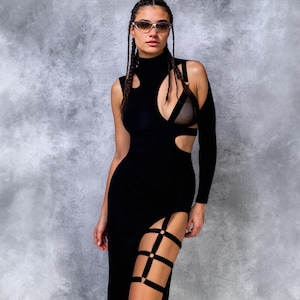 Vestido negro sexy para mujer, vestido de festival, vestido asimétrico para rave, vestido sexy para mujer, atuendo para festival, ropa para rave, ropa para festival para mujer