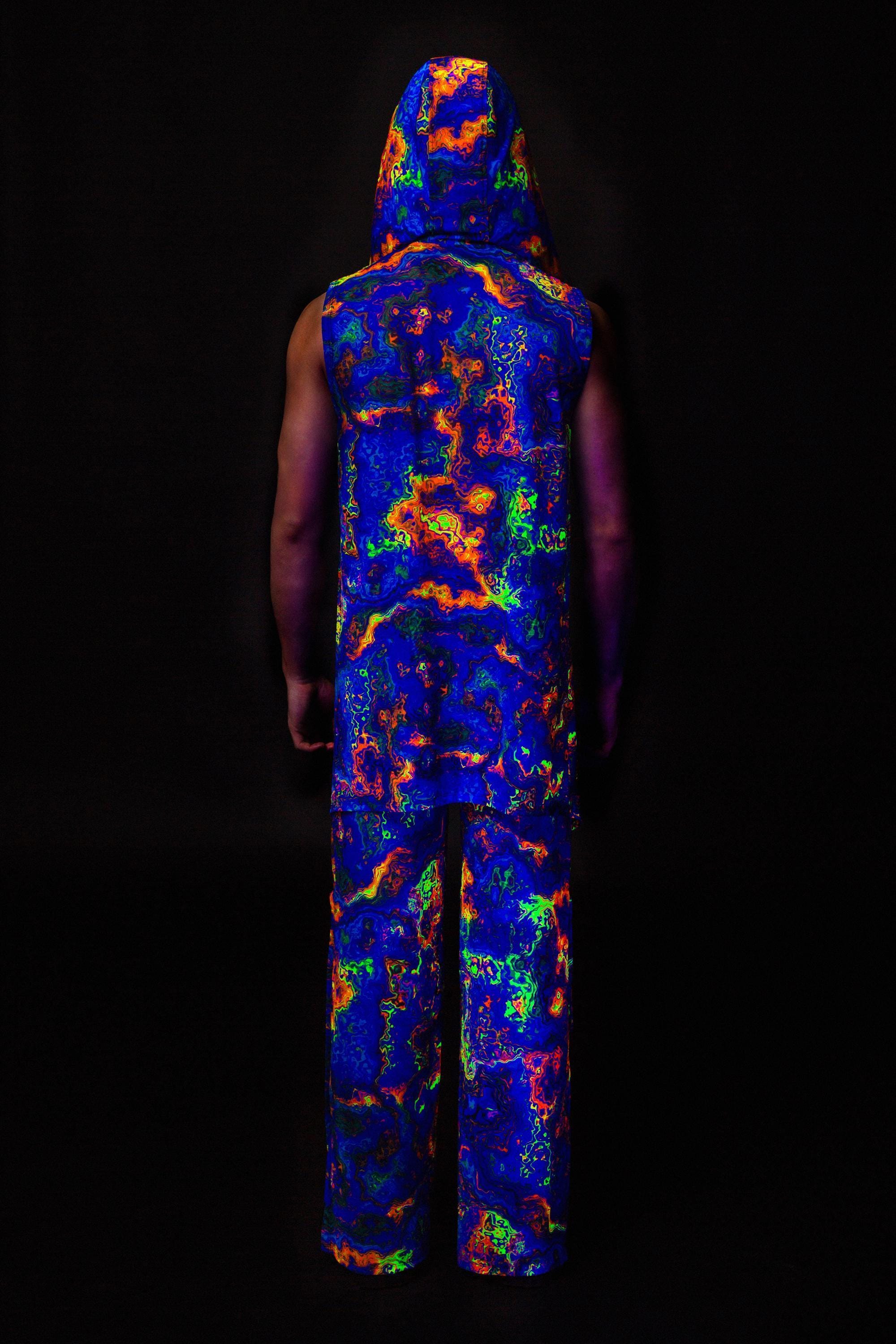 Male UV Psychedelic Festival Set, Trippy Mesh Hooded Vest and Split ...