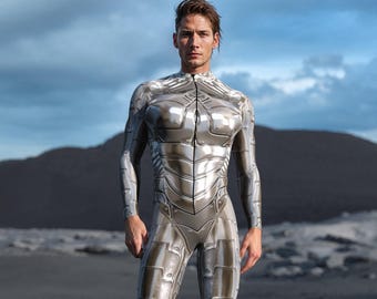 Silver Droid Costume Men: Halloween Robot Bodysuit
