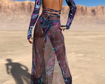 Rave Mesh Sheer Rock Cowgirl, Rave Langer Lockerer Rock, Transparenter Rave Langer Rock, Durchsichtiger Glitzer Langer Rock Sheer Mesh Rave Rock
