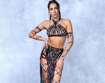 Halloween Duster Slit Skirt, Tribal Festival Bottom, Sexy Rave Costume Piece, Gothic Goddess Party Outfit, Exotic Desert Warrior Clothing