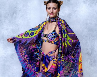 Trippy UV Rave Kimono for Women, Psychedelic Festival Robe, Flowing UV Outfit, Psychedelic Style Clothing, Women’s Festival Outfit