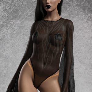 Mesh Goth Bodysuit Woman, Festival Bell Sleeves Bodysuit, Goth Bodysuit Women, Rave Costume Woman, Mesh Disco Leotard, Black Clothing Women