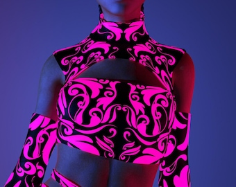 Crop top Rave à découpes : tenue de festival fluo, tenue réactive aux UV