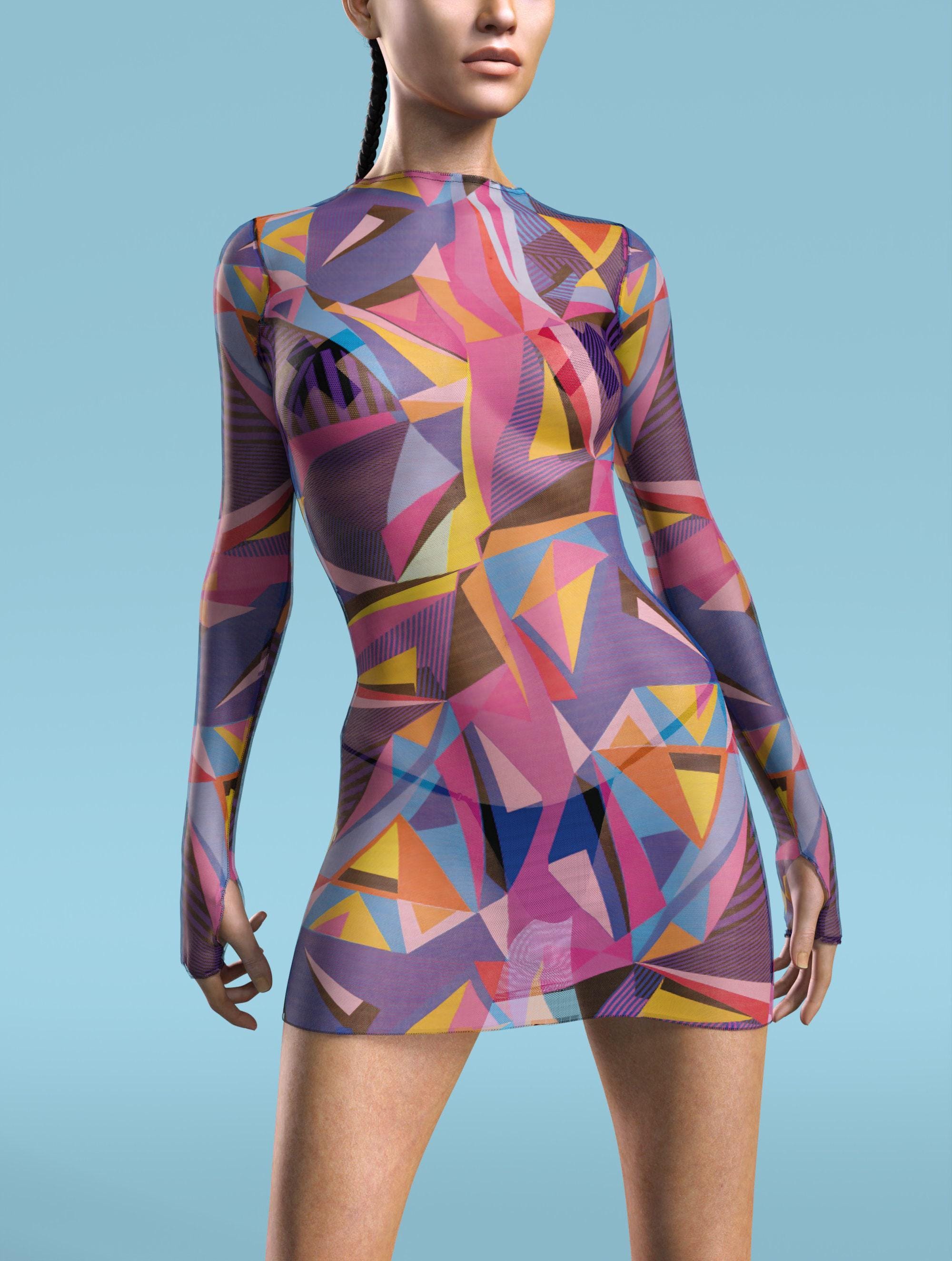 Mesh Rave Dress, Geometric Print, Festival Outfit