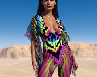 UV Light Outfit, Festival Costume, Hooded Fairy Costume, UV Neon Clothing, Woman Costume, Festival Woman Clothing, Rave Festival Clothing