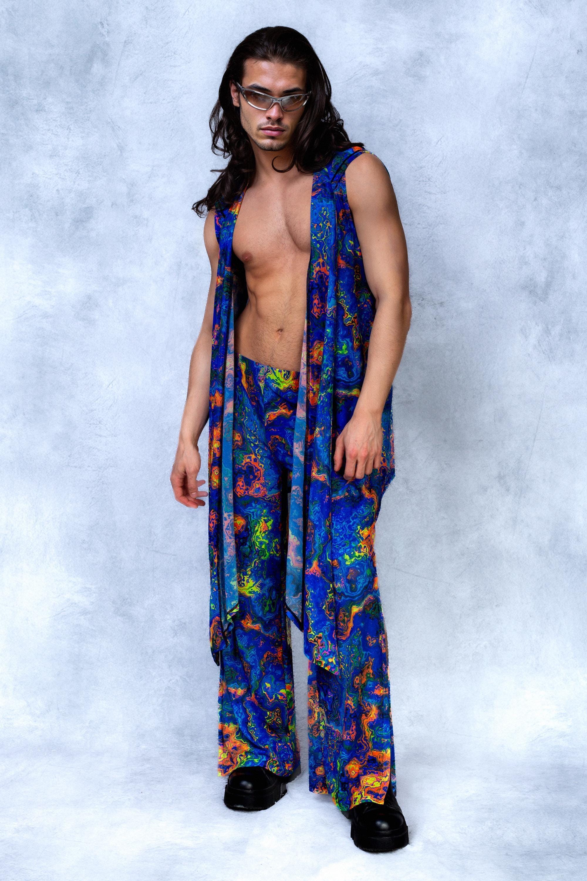 Male UV Psychedelic Festival Set, Trippy Mesh Hooded Vest and Split ...