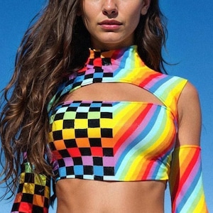 Rainbow Pride Top, Party Rave Crop Top, Pride Cutout Party Top, Psychedelic Rave Top, Sexy Pride Top, Cutout Rave Top, Festival Outfit Woman