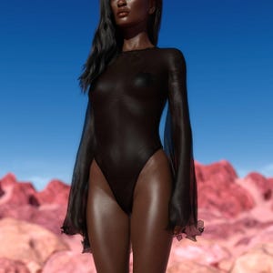 Bare Back Black Leotard, Bell Sleeve Mesh Bodysuit, Festival Bodysuit, Rave Party Bodysuit, Long Sleeve Bodysuit Woman, Burning Man Outfit