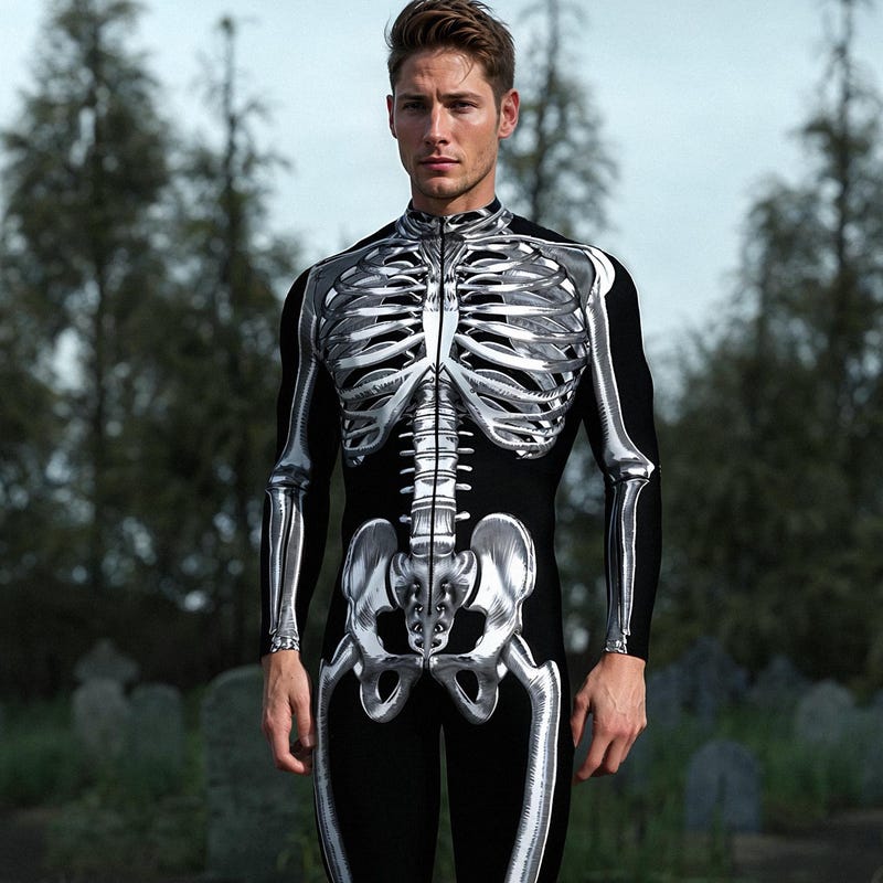 Adult Unisex Skeleton Suit Costume - Full Body Zipper Jumpsuit For Halloween Cosplay