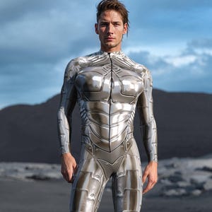 Costume da droide argentato da uomo, costume da robot da uomo, costumi da festival da uomo, costume da rave, tuta da festival maschile, costumi coordinati, costume di coppia