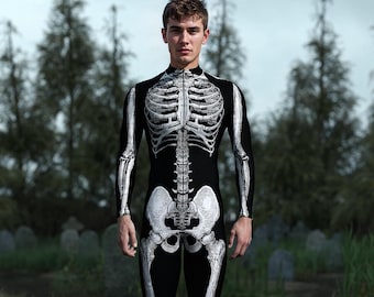 Skeleton Halloween Costume Bodysuit: Men's Party Outfit