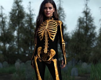 Golden Skeleton Bodysuit: Adult Halloween Costume, Women's Cosplay