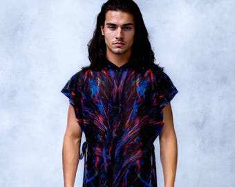 Male Mesh Sleeveless Top, Men UV Reactive Psychedelic Top, Rave Hooded Top for Men, Festival Performance Wear for Men, Rave Sleeveless Top