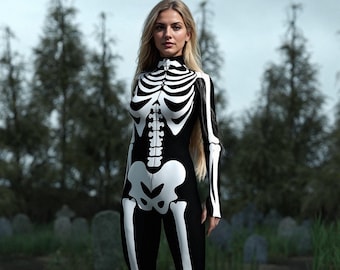 Skeleton Bodysuit: Women's Halloween Costume, Black & White Full Bodysuit