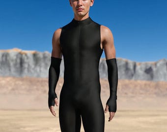 Black Sleeveless Rave Costume: Men's Festival Outfit with Gloves