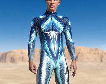 Blue Snake Bodysuit Man: Rave Festival Costume