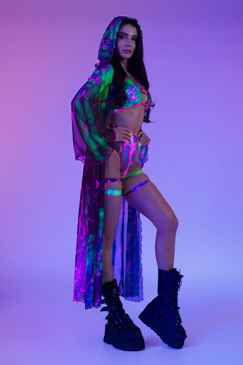 UV Reactive Rave Kimono, Sheer Psy Print Festival Layer, Blacklight ...