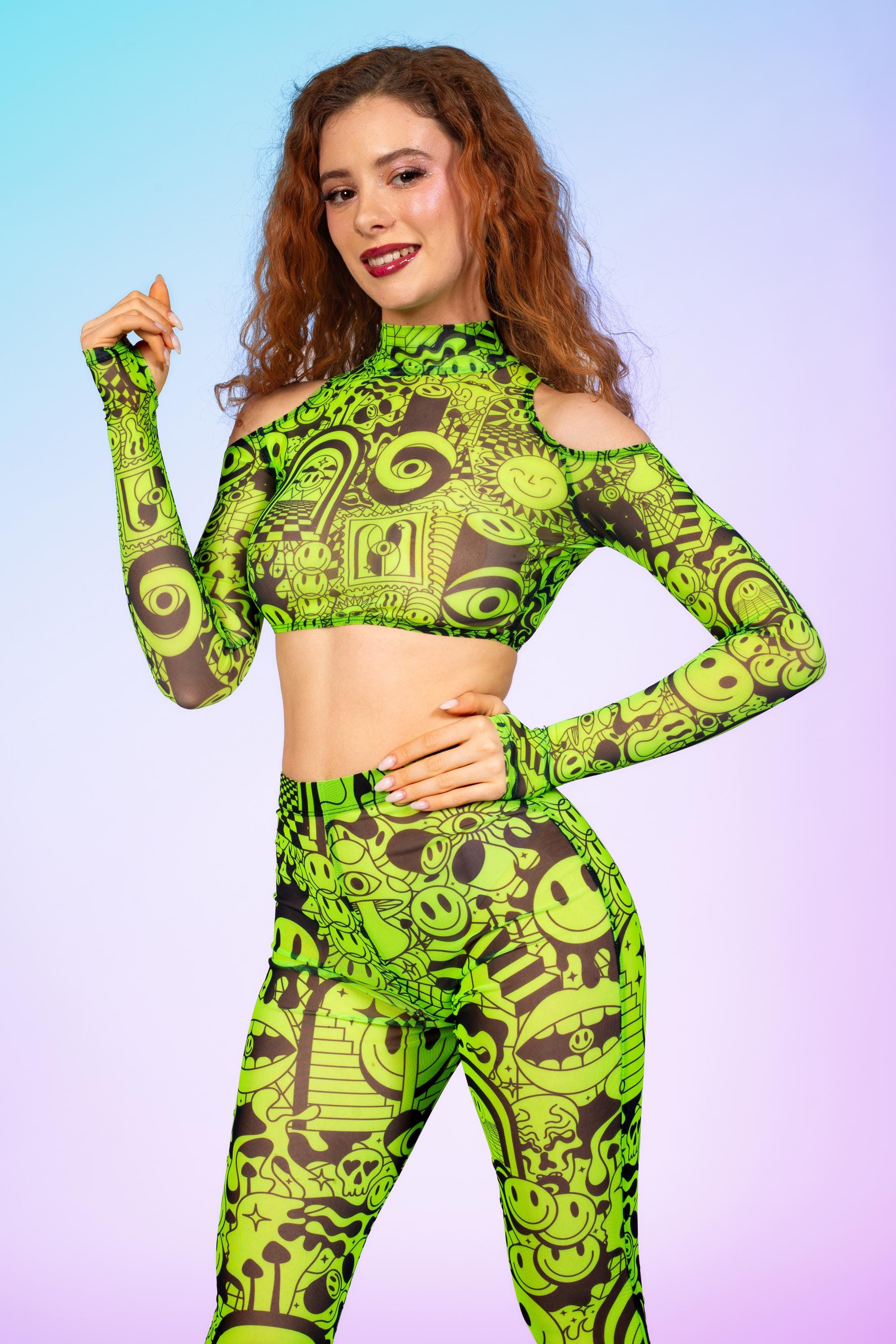 UV Reactive Festival Outfit Set for Women – Mesh Cold Shoulder Top and ...