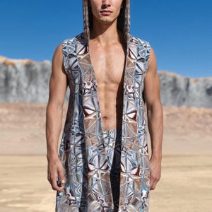 Rave Hooded Male Vest, Festival Male Vest, Performance Sleeveless Vest, Burning Men Clothing, Rave Festival Male Outfit, Man Rave Outfit