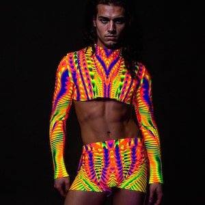 Trippy UV Crop Top Masculino: Fantasia de Manga Longa para Festival Rave