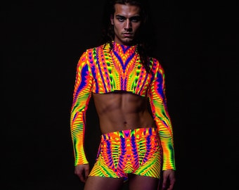 Trippy UV Male Crop Top: Long Sleeve Rave Festival Costume