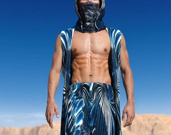 Aquametal Rave Outfit Men: Asymmetrical Festival Clothing Set