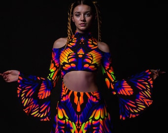 UV Psychedelic Rave Dress: Asymmetrical Bell Sleeve Festival Outfit