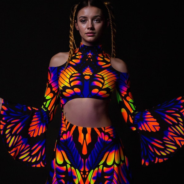 UV Psychedelic Rave Dress: Asymmetrical Bell Sleeve Festival Outfit