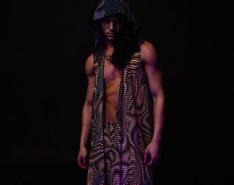 Male UV Psychedelic Set, Hooded Vest and Split Pants, Men Trippy Rave Outfit, Mesh Festival Set for Men, Mens UV Reactive Clothing