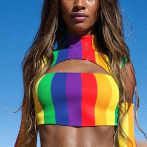 Disco Rainbow Top, Rave Party Crop Top, Pride Cutout Party Top, Psychedelic Rave Top, Sexy Pride Top, Cutout Rave Top, Festival Outfit Woman