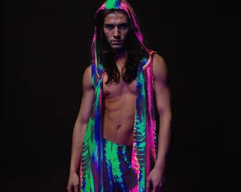 Pink UV Rave Male Set, Performance Hooded Set, Festival Mesh UV Set, Male Set, Mesh Party Outfit, Rave Festival Male Outfit, Man Rave Wear