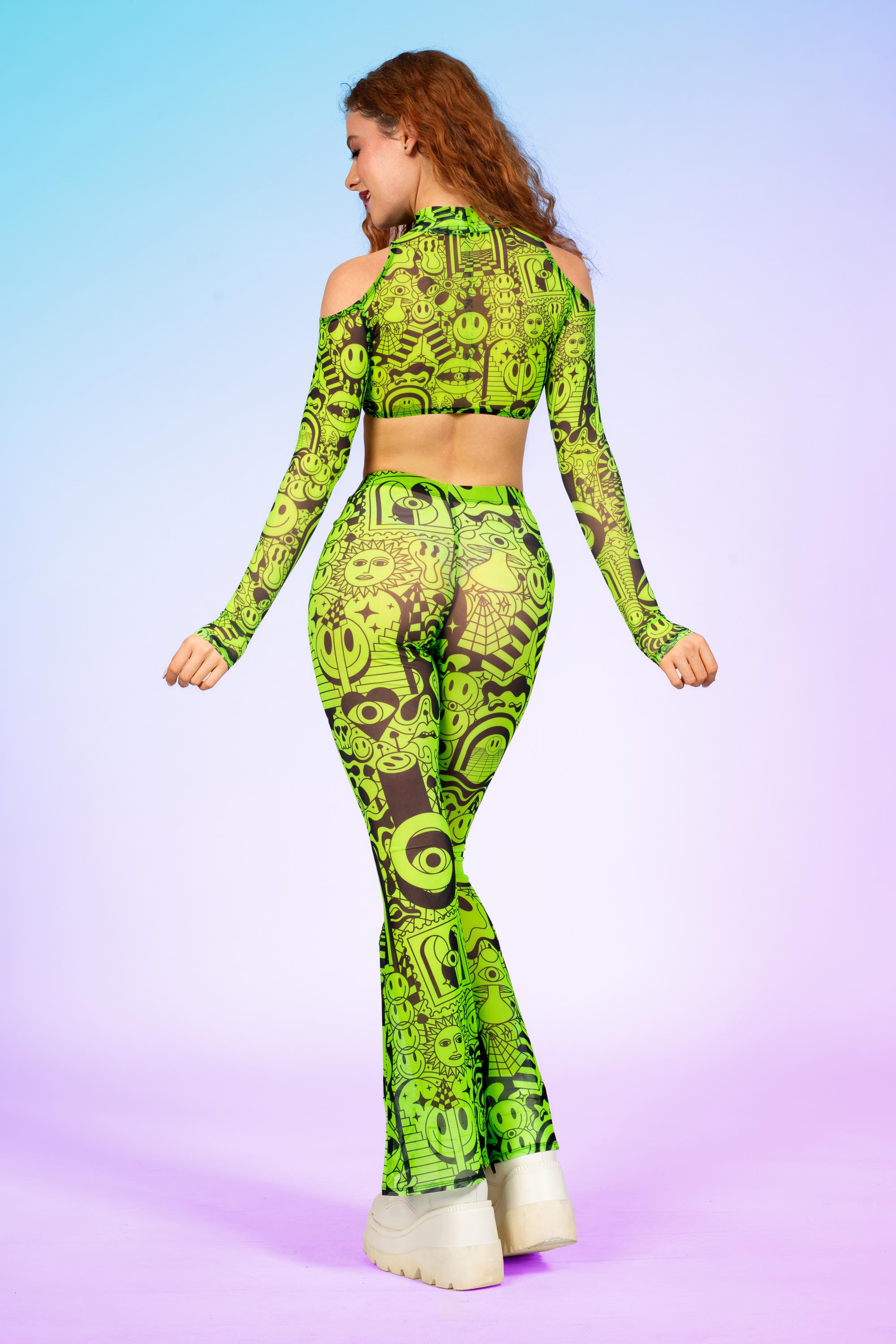 UV Reactive Festival Outfit Set for Women – Mesh Cold Shoulder Top and ...