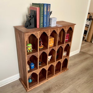 Gothic Carved Walnut Curio Cabinet, 15 Cubbies for Display, Modern Gothic Storage Organizer, 30.5&quot; Tall