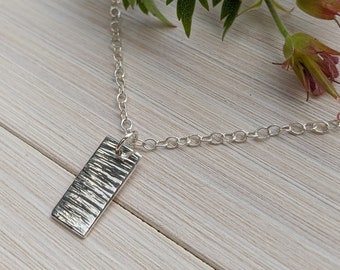 Mini Silver Bar Necklace - Minimalist Pendant - Textured Silver - Silver Wedding Anniversary - Nature Jewellery - Sea Inspired