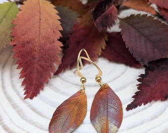 Autumn Leaf Earrings, Flame Painted Copper, Fall Jewellery, Nature Inspired, Multicoloured Gold Drop Earrings
