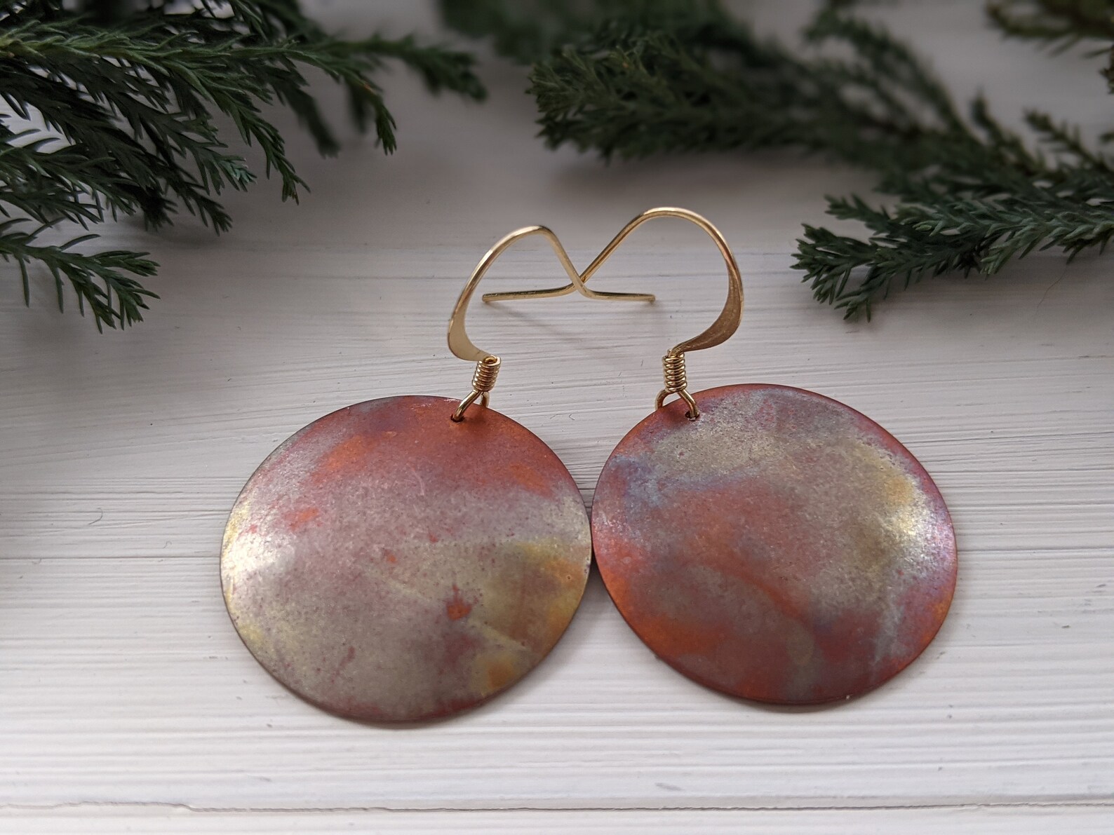 Flame Painted Copper Earrings Rustic Earrings Copper Disc Etsy