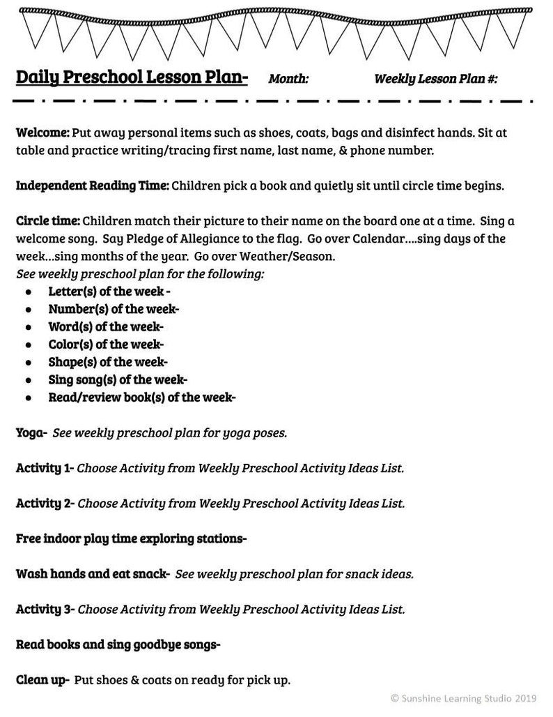 May include: A black and white printable daily preschool lesson plan with the title "Daily Preschool Lesson Plan" and the text "Welcome: Put away personal items such as shoes, coats, bags and disinfect hands. Sit at table and practice writing/tracing first name, last name, & phone number."