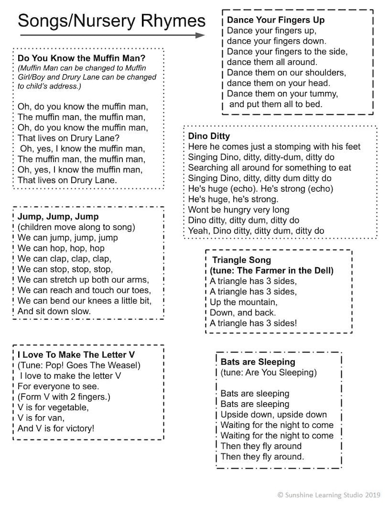 May include: A colorful printable worksheet with nursery rhymes and songs for kids. The worksheet includes lyrics for songs like "Do You Know the Muffin Man?", "Jump, Jump, Jump", "I Love to Make the Letter V", "Dance Your Fingers Up", "Dino Ditty", "Triangle Song", and "Bats are Sleeping".