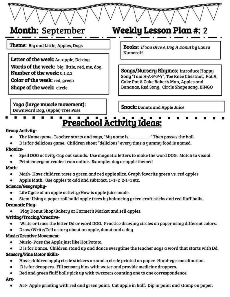 May include: A weekly lesson plan for preschoolers focusing on the theme of big and little, apples, and dogs. The plan includes activities for group, phonics, math, science, dramatic play, writing, music, sensory, and art. The plan also includes a list of books, songs, and snacks.