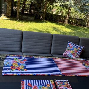 Viva Striped Floral Table Setting Set - 8, 11, 15 or 19 Pieces, Runner, Placemats, Coasters and Pillow Covers, Machine Washable