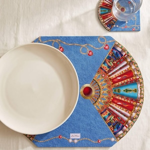Azure Fan Placemat and Coaster Set of 4, Wipeable Table Setting for Dining Table, Turkish Home Decor, Housewarming Gift